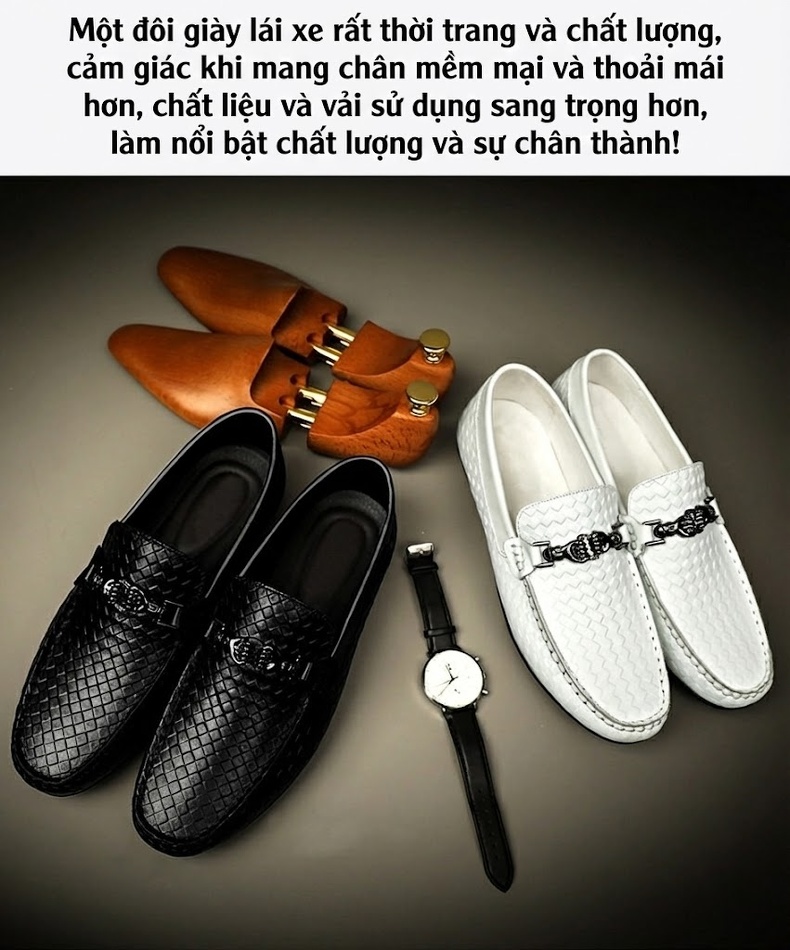 Giày Lười Nam Da Bò Văn Phòng Công Sở Chiều Cao Đế Khoảng 2.5cm Màu Trắng, Đen chi tiết 3