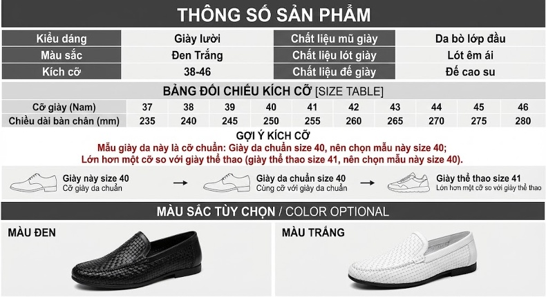 Giày Lười Nam Da Bò Văn Phòng Công Sở Chiều Cao Đế Khoảng 2.5cm Màu Trắng, Đen chi tiết 4