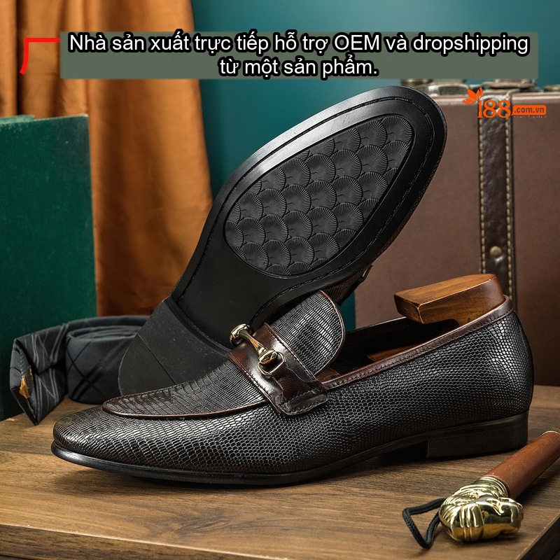 Giày Lười Nam Da Bò Vân Rắn Chiều Cao Đế Khoảng 2cm Màu Đen