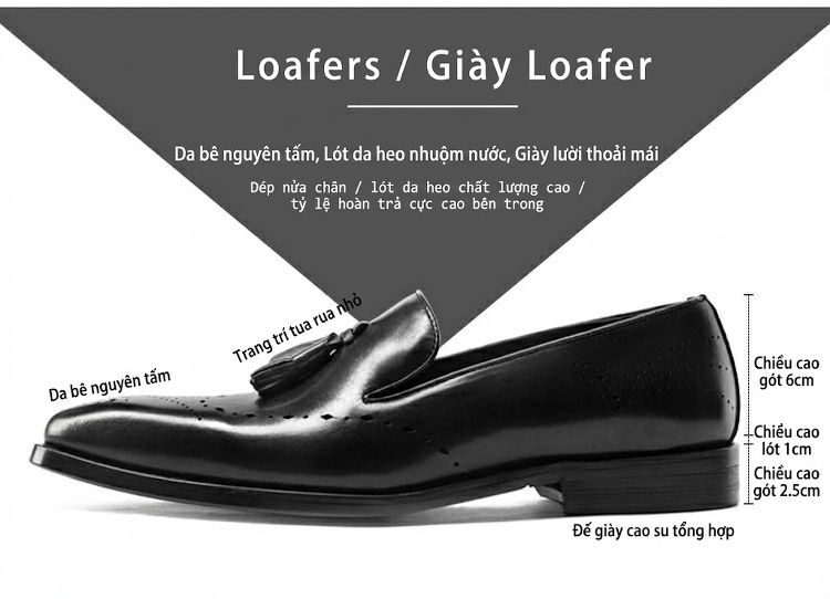 Giày Lười Nam Da Bò Viền Tua Rua Chiều Cao Đế Khoảng 3cm Màu Nâu, Đen chi tiết 2