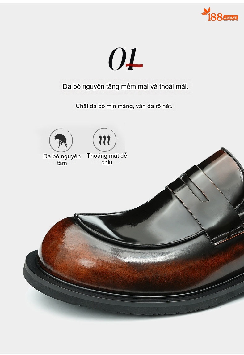 Giày Lười Nam Da Bóng Bề Mặt Rộng Thoải Mái Chiều Cao Đế Khoảng 4cm Màu Đen, Nâu chi tiết 9