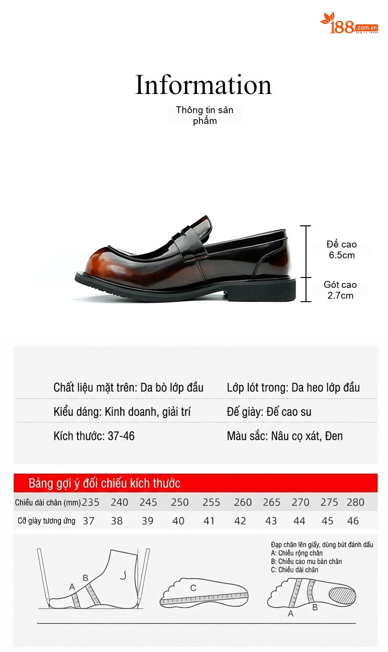 Giày Lười Nam Da Bóng Bề Mặt Rộng Thoải Mái Chiều Cao Đế Khoảng 4cm Màu Đen, Nâu chi tiết 8