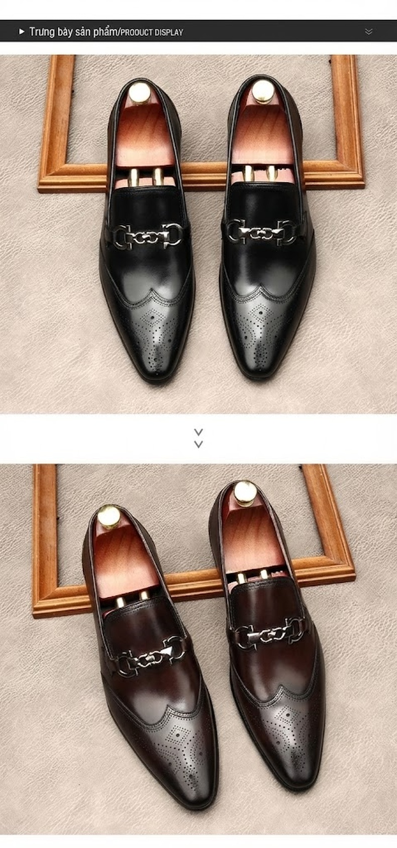 Giày Lười Nam Da Bóng Brogue Chiều Cao Đế Khoảng 3cm Màu Đen, Nâu Đỏ, Nâu chi tiết 1