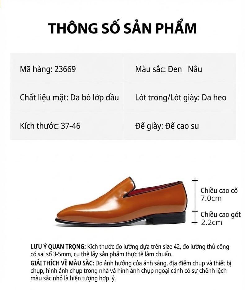 Giày Lười Nam Da Bóng Chiều Cao Đế Khoảng 2.5cm Màu Nâu, Đen chi tiết 2