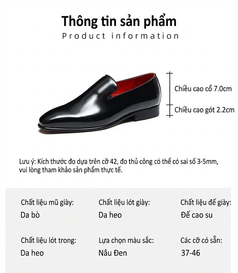 Giày Lười Nam Da Bóng Chiều Cao Đế Khoảng 2cm Màu Đen, Nâu chi tiết 3