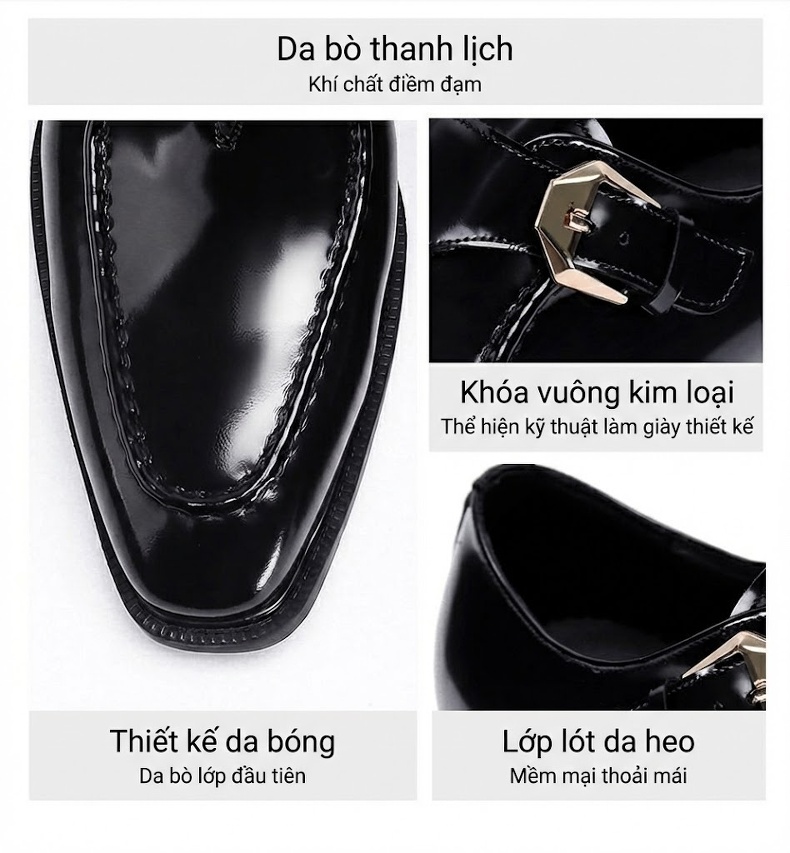 Giày Lười Nam Da Bóng Chiều Cao Đế Khoảng 3cm Màu Đen chi tiết 4