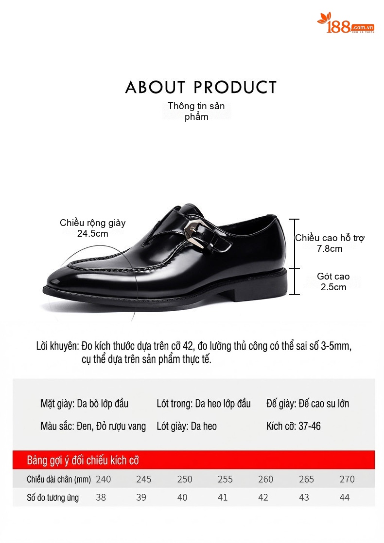 Giày Lười Nam Da Bóng Chiều Cao Đế Khoảng 3cm Màu Đen chi tiết 8