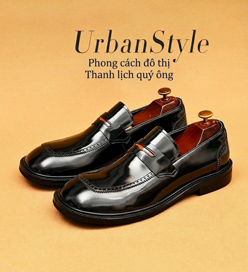 Giày Lười Nam Da Bóng Chiều Cao Đế Khoảng 3cm Màu Đen chi tiết 1