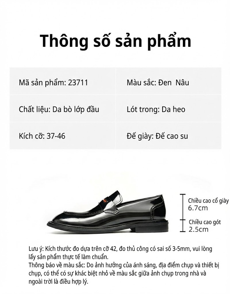Giày Lười Nam Da Bóng Chiều Cao Đế Khoảng 3cm Màu Đen chi tiết 2