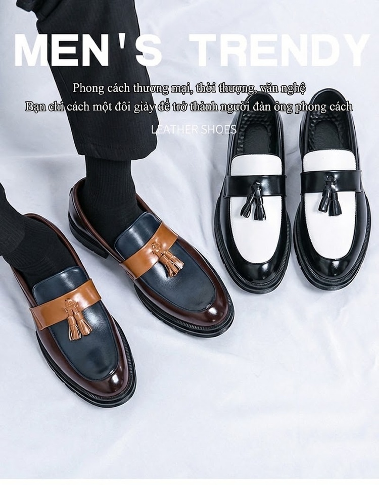 Giày Lười Nam Da Bóng Chiều Cao Đế Khoảng 3cm Thiết Kế Pha Màu Có Tua Rua Màu Đen, Trắng, Nâu, Xanh Navy chi tiết 1