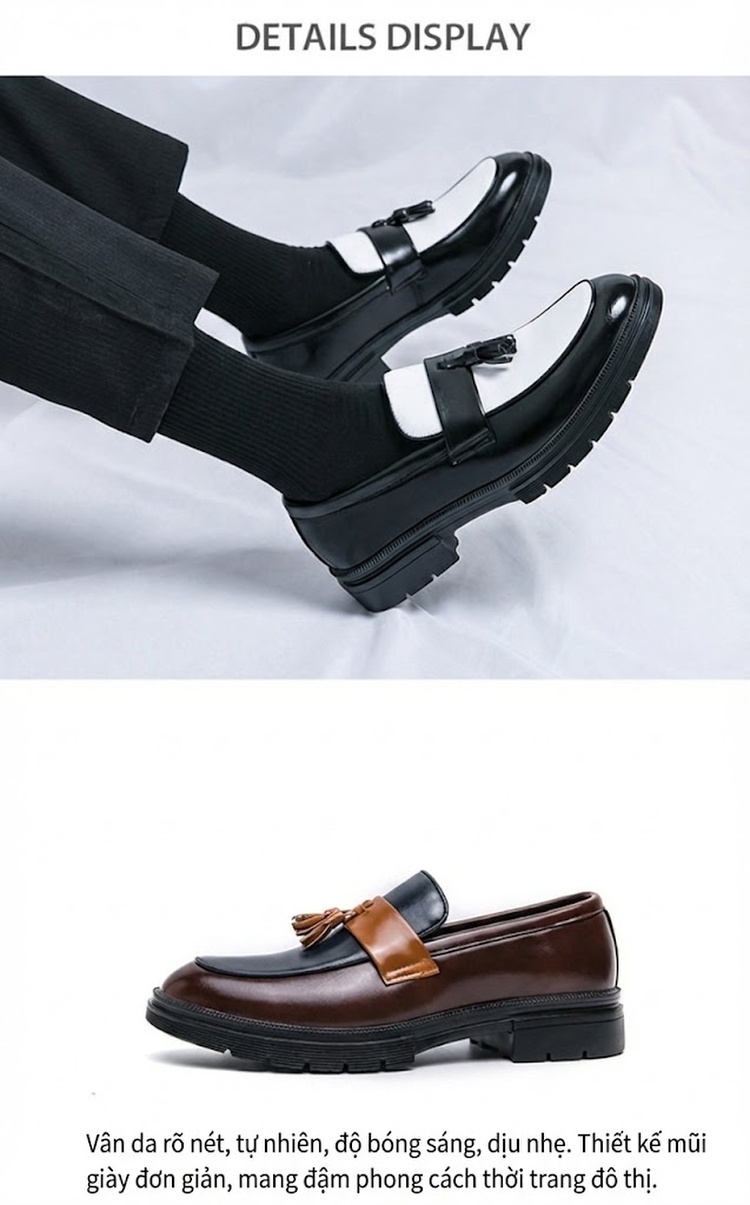 Giày Lười Nam Da Bóng Chiều Cao Đế Khoảng 3cm Thiết Kế Pha Màu Có Tua Rua Màu Đen, Trắng, Nâu, Xanh Navy chi tiết 2
