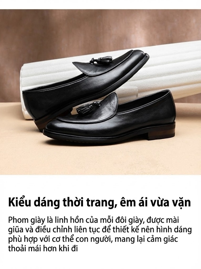 Giày Lười Nam Da Bóng Chiều Cao Đế Khoảng 3cm Thiết Kế Tua Rua Phong Cách Anh Màu Đen, Nâu chi tiết 3