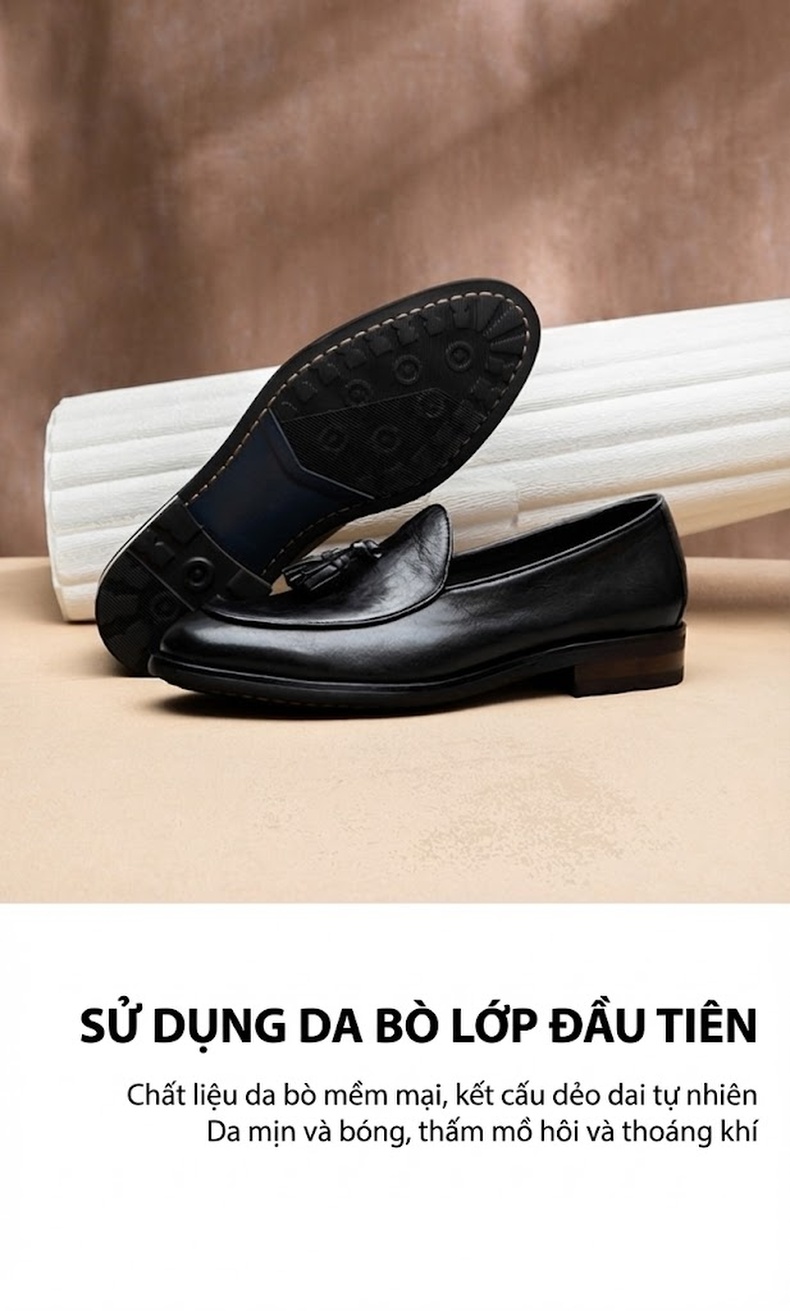 Giày Lười Nam Da Bóng Chiều Cao Đế Khoảng 3cm Thiết Kế Tua Rua Phong Cách Anh Màu Đen, Nâu chi tiết 4