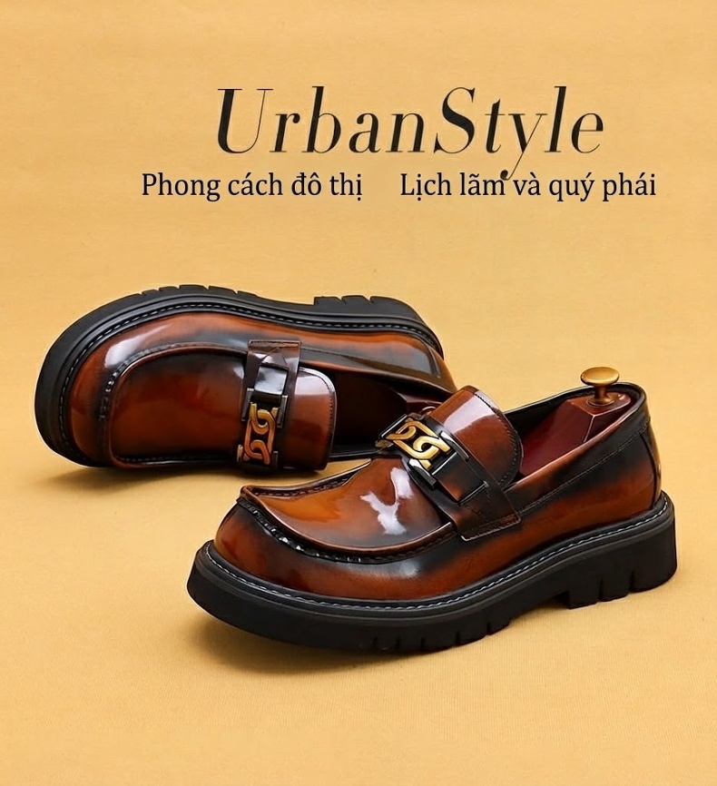 Giày Lười Nam Da Bóng Chiều Cao Đế Khoảng 4cm Màu Đen, Nâu chi tiết 1