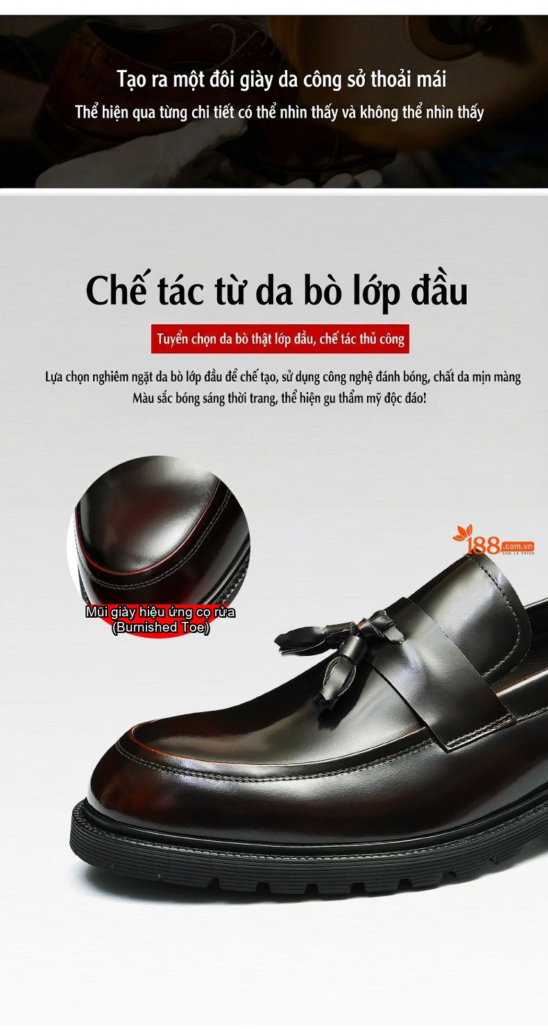Giày Lười Nam Da Bóng Có Tua Rua Chiều Cao Đế Khoảng 4cm Màu Đen, Đỏ Rượu chi tiết 10