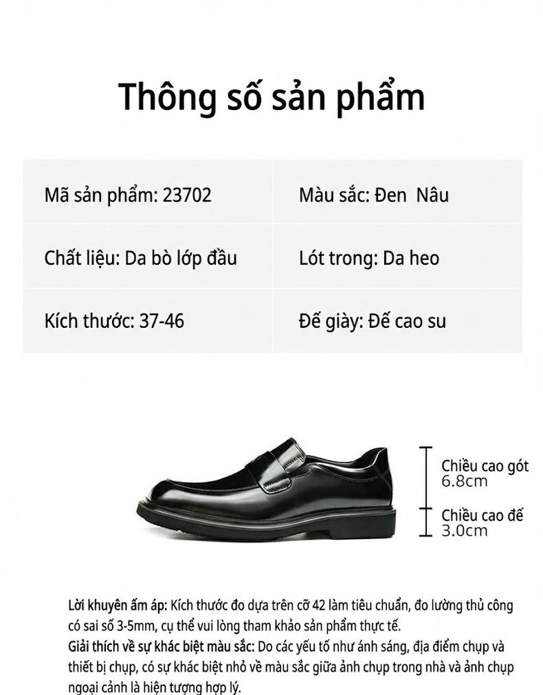 Giày Lười Nam Da Bóng Đầu Vuông Đế Dày Chiều Cao Đế Khoảng 4cm Màu Đen chi tiết 2