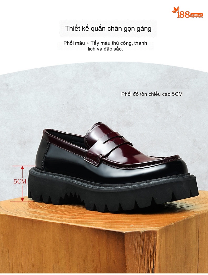 Giày Lười Nam Da Bóng Đế Dày Chiều Cao Đế Khoảng 4cm Màu Đen, Đỏ Rượu Vang chi tiết 3