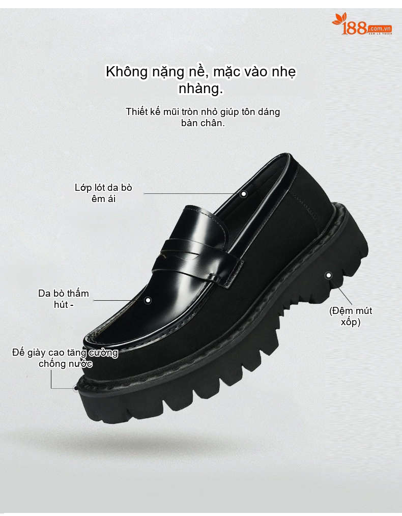 Giày Lười Nam Da Bóng Đế Dày Chiều Cao Đế Khoảng 4cm Màu Đen, Đỏ Rượu Vang chi tiết 4