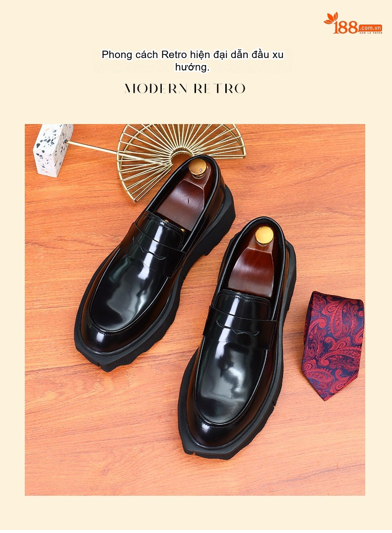 Giày Lười Nam Da Bóng Đế Dày Chống Trượt Tăng Chiều Cao Phong Cách Anh Quốc Chiều Cao Đế Khoảng 4cm Màu Đen chi tiết 2