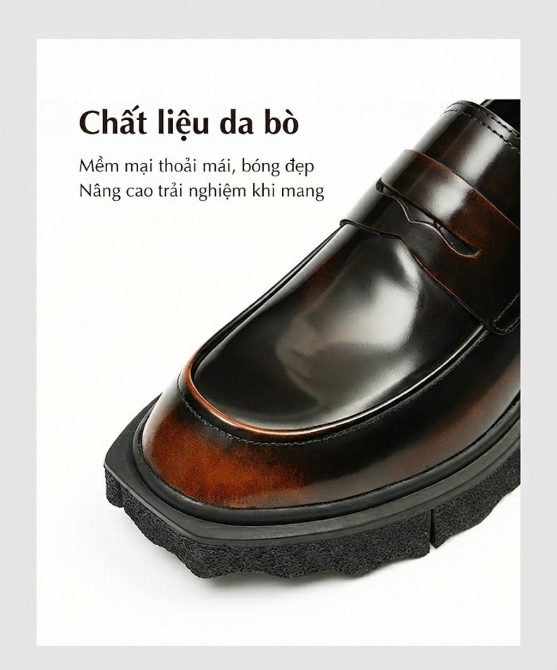 Giày Lười Nam Da Bóng Đế Dày Chống Trượt Tăng Chiều Cao Phong Cách Anh Quốc Chiều Cao Đế Khoảng 4cm Màu Đen chi tiết 7