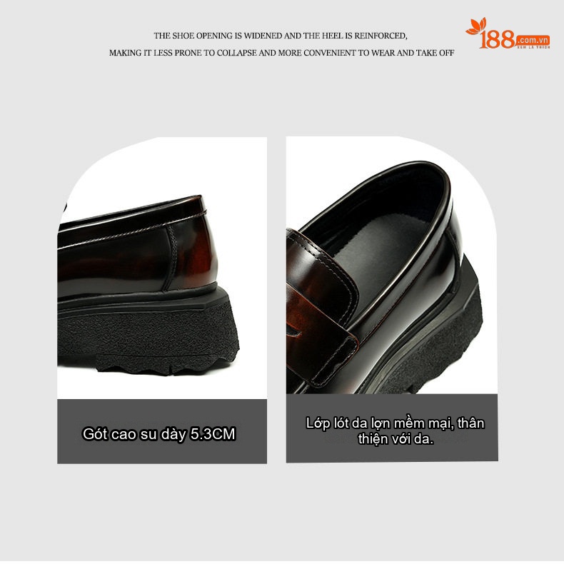 Giày Lười Nam Da Bóng Đế Dày Chống Trượt Tăng Chiều Cao Phong Cách Anh Quốc Chiều Cao Đế Khoảng 4cm Màu Đen chi tiết 8