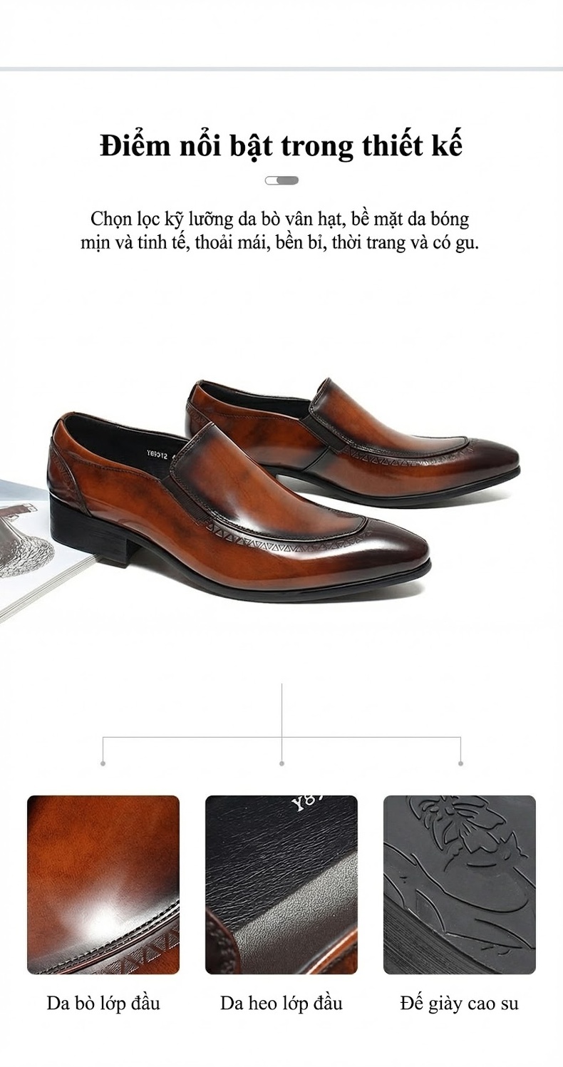 Giày Lười Nam Da Bóng Mũi Nhọn Chiều Cao Đế Khoảng 3cm Màu Đen, Nâu chi tiết 4