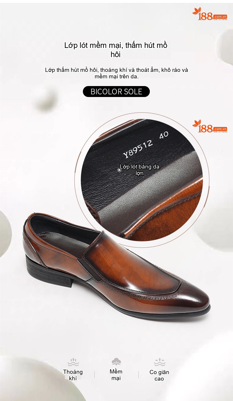Giày Lười Nam Da Bóng Mũi Nhọn Chiều Cao Đế Khoảng 3cm Màu Đen, Nâu chi tiết 6