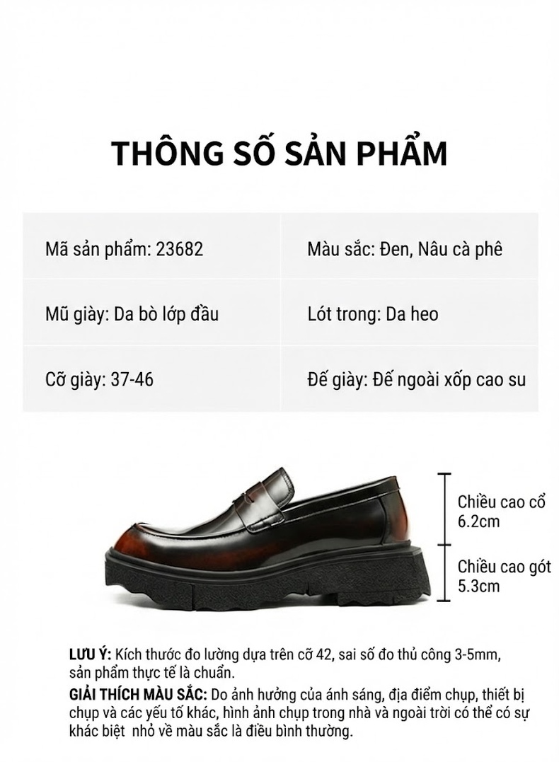 Giày Lười Nam Da Bóng Mũi Nhọn Chiều Cao Đế Khoảng 4cm Màu Đen, Nâu chi tiết 2