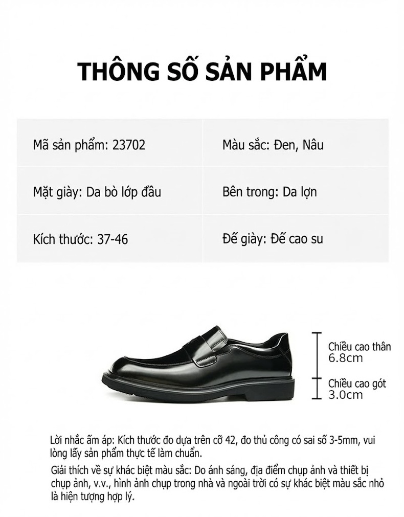 Giày Lười Nam Da Bóng Mũi Vuông Chiều Cao Đế Khoảng 4cm Màu Đen chi tiết 2