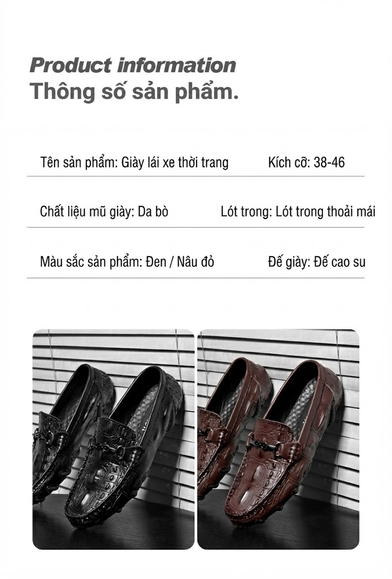 Giày Lười Nam Da Bóng Phong Cách Anh Quốc Chiều Cao Đế Khoảng 2cm Màu Đen, Nâu chi tiết 5