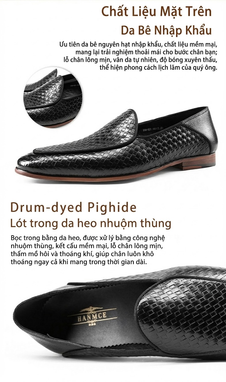 Giày Lười Nam Da Bóng Retro Chiều Cao Đế Khoảng 3cm Màu Đen chi tiết 2