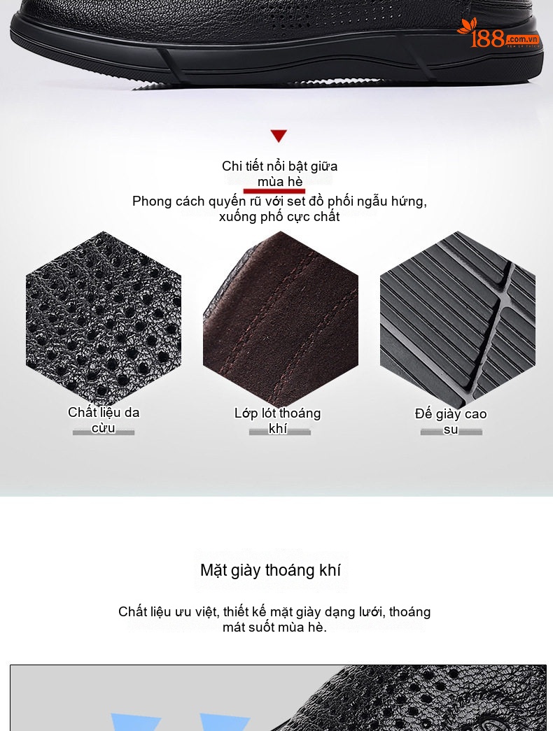 Giày Lười Nam Da Cừu Đục Lỗ Thoáng Khí Chiều Cao Đế Khoảng 3cm Màu Đen chi tiết 8
