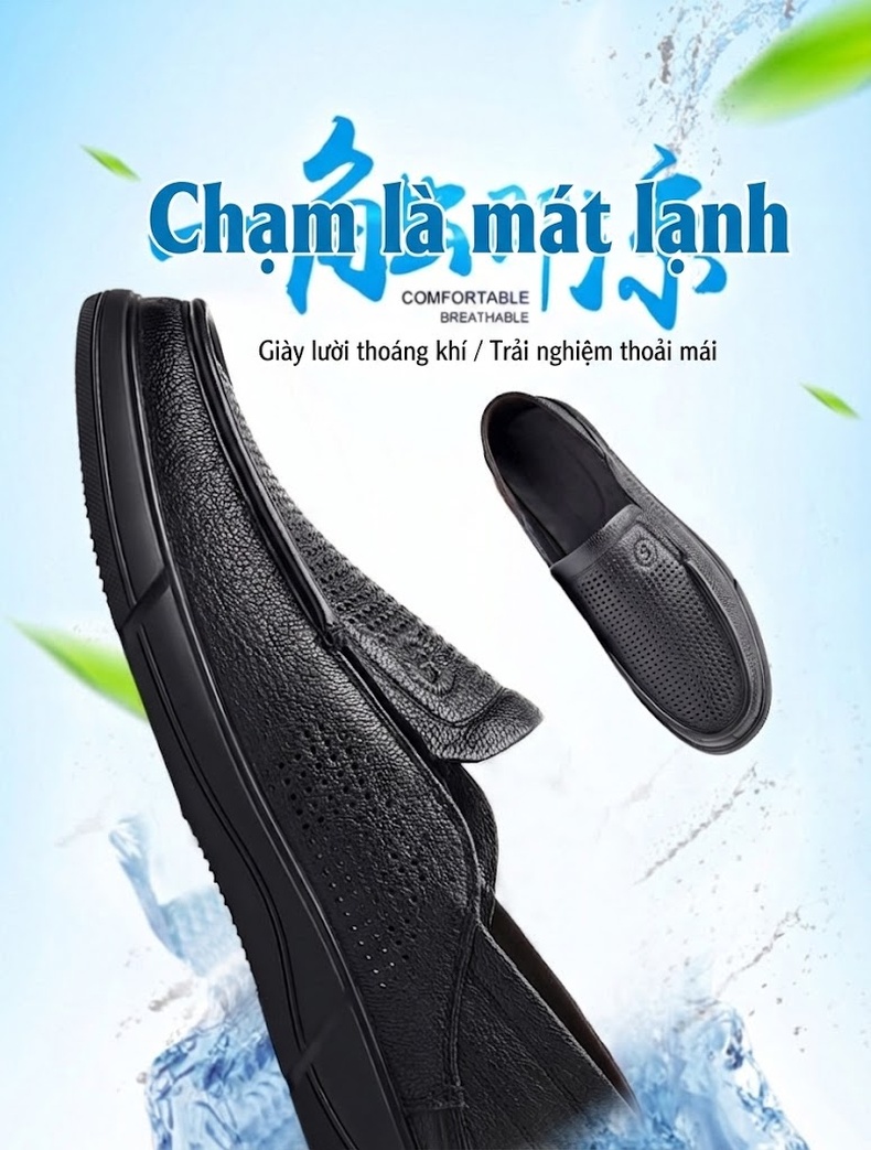 Giày Lười Nam Da Cừu Đục Lỗ Thoáng Khí Chiều Cao Đế Khoảng 3cm Màu Đen chi tiết 1