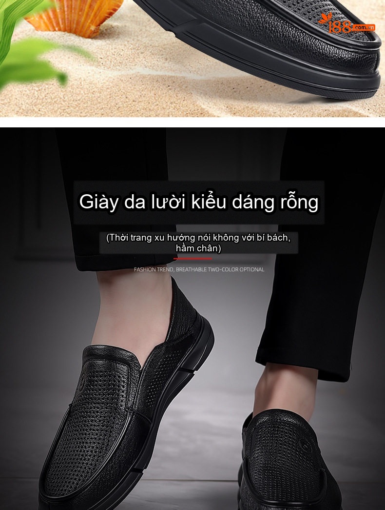 Giày Lười Nam Da Cừu Đục Lỗ Thoáng Khí Chiều Cao Đế Khoảng 3cm Màu Đen chi tiết 3