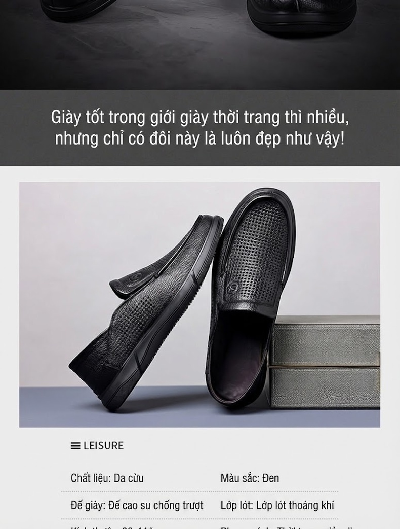 Giày Lười Nam Da Cừu Đục Lỗ Thoáng Khí Chiều Cao Đế Khoảng 3cm Màu Đen chi tiết 4
