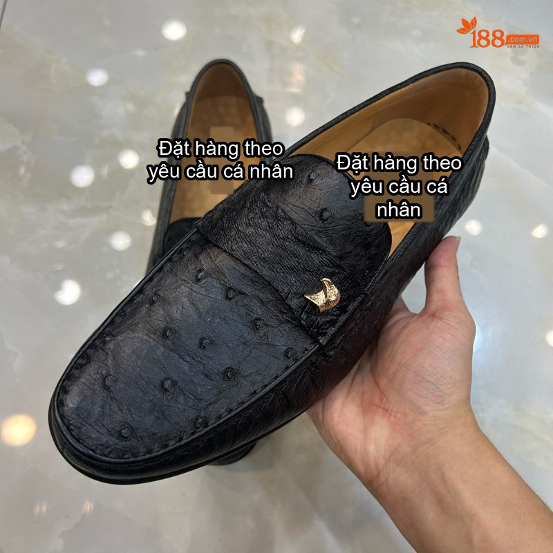 Giày Lười Nam Da Đà Điểu Chiều Cao Đế Khoảng 2cm Màu Đen chi tiết 6