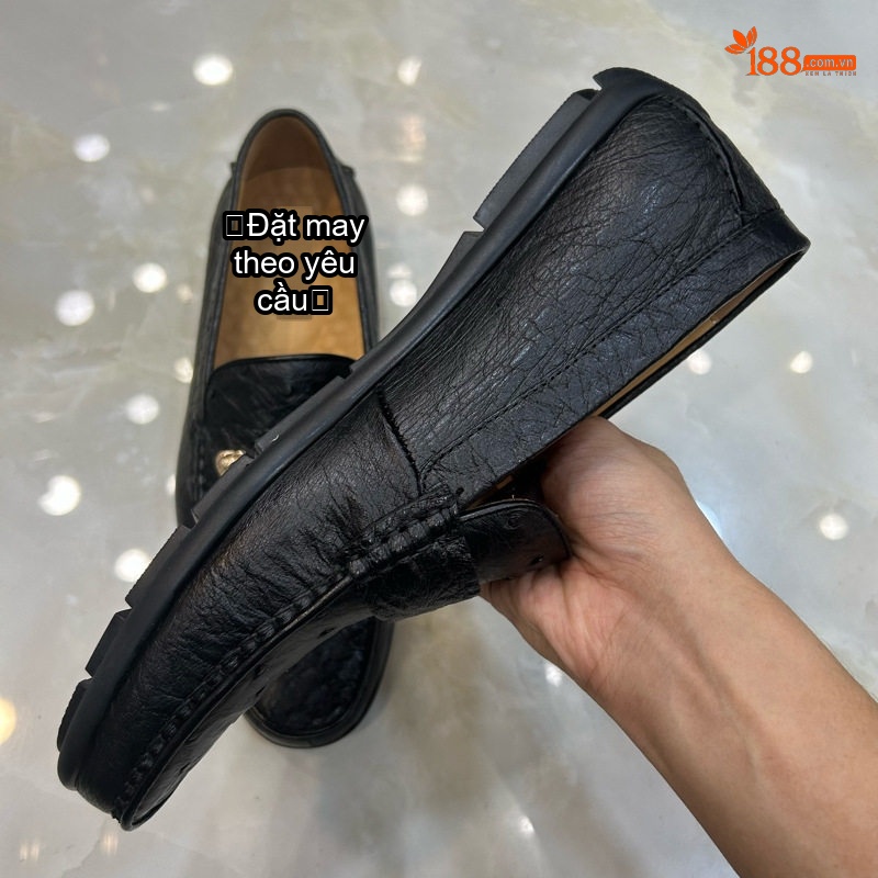 Giày Lười Nam Da Đà Điểu Chiều Cao Đế Khoảng 2cm Màu Đen chi tiết 8
