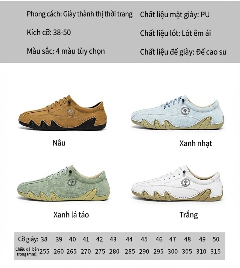 Giày Lười Nam Da Mờ Chiều Cao Đế Khoảng 2cm Màu Xám, Xanh Lá, Trắng, Nâu chi tiết 4