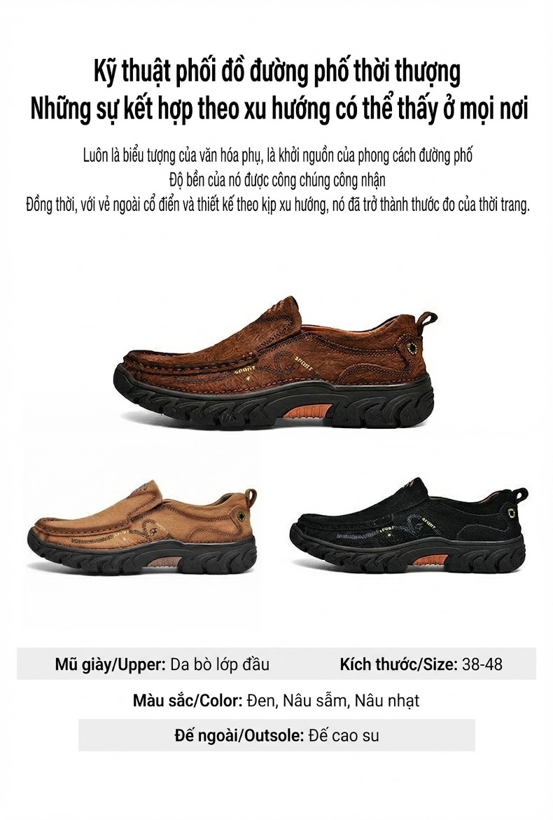 Giày Lười Nam Da Mờ Đế Dày Chiều Cao Đế Khoảng 3.5cm Màu Nâu, Đen chi tiết 2