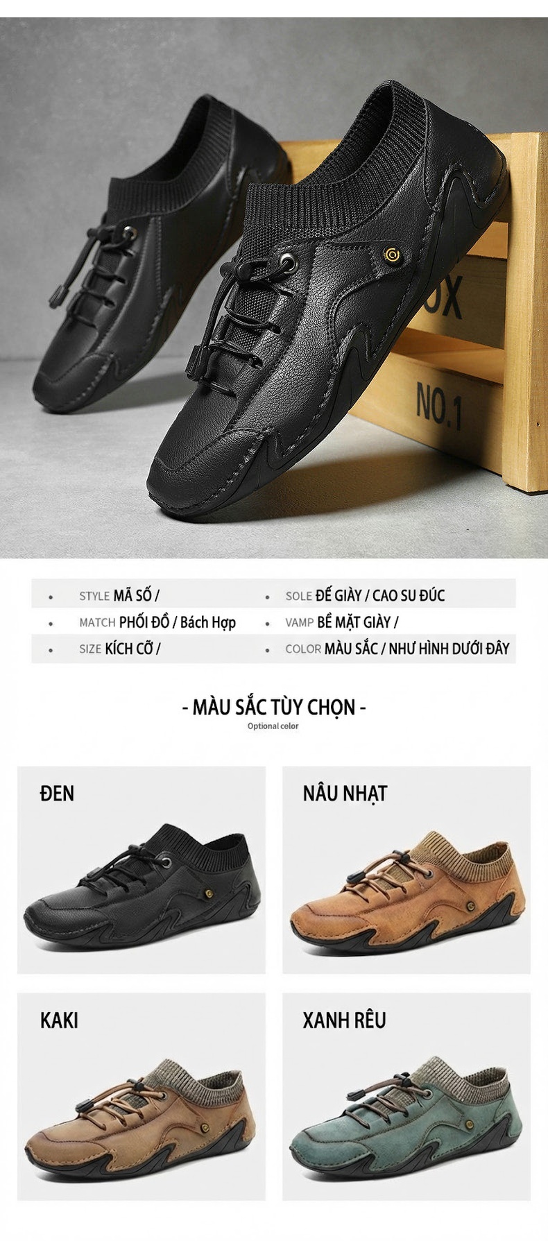 Giày Lười Nam Da Mờ Đế Mềm Thoáng Khí Chiều Cao Đế Khoảng 2cm Màu Nâu, Đen, Xanh... chi tiết 3