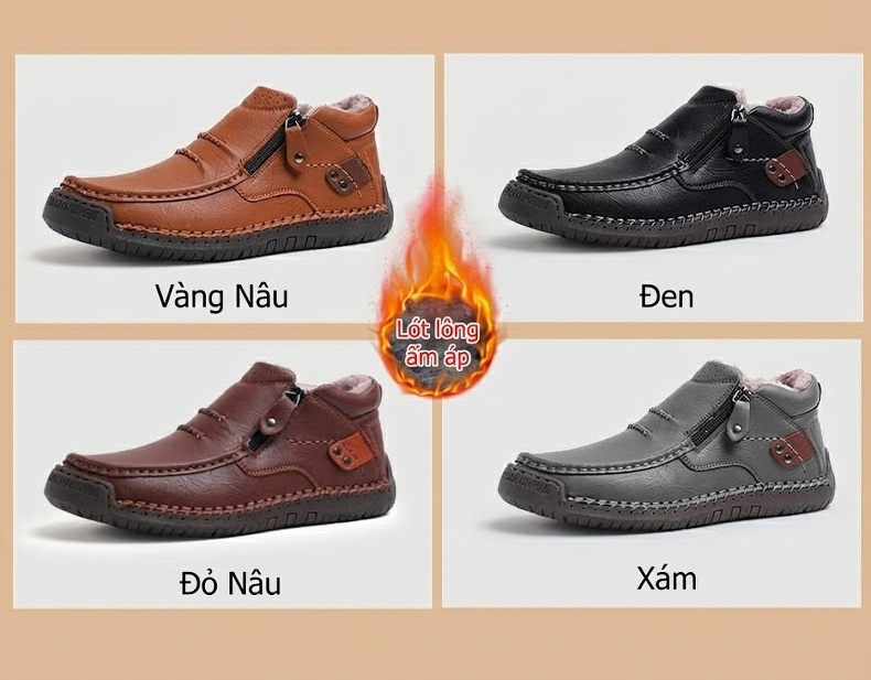 Giày Lười Nam Da Mờ Khóa Kéo Chiều Cao Đế Khoảng 3cm Màu Nâu, Đen, Xám chi tiết 5
