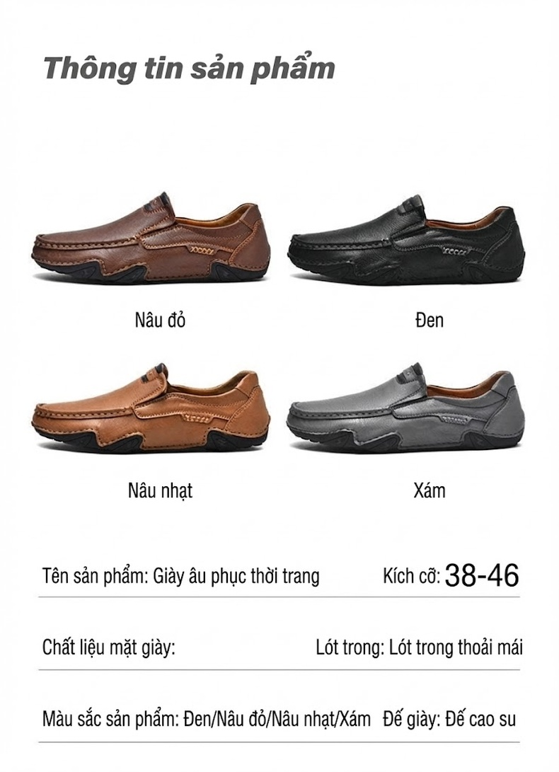 Giày Lười Nam Da Mờ Thủ Công Chiều Cao Đế Khoảng 2cm Màu Nâu, Đen, Xám chi tiết 4