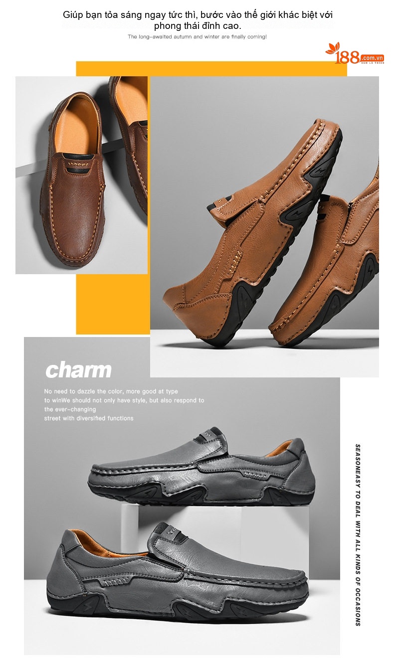 Giày Lười Nam Da Mờ Thủ Công Chiều Cao Đế Khoảng 2cm Màu Nâu, Đen, Xám chi tiết 7