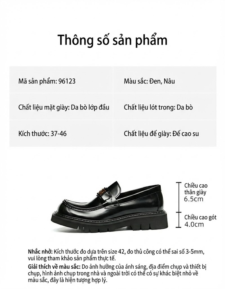 Giày Lười Nam Da Thật Bề Mặt Bóng Chiều Cao Đế Khoảng 4cm Màu Đen, Nâu chi tiết 2