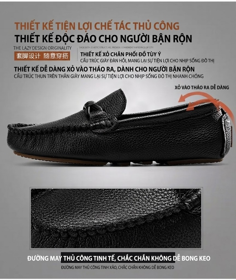 Giày Lười Nam Da Thật Chiều Cao Đế Khoảng 1cm Màu Cam, Trắng, Đen chi tiết 5