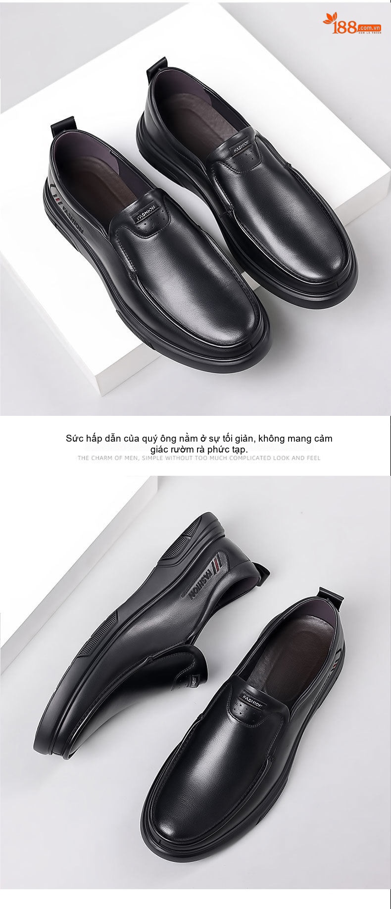 Giày Lười Nam Da Thật Công Sở Chiều Cao Đế Khoảng 3cm Màu Đen chi tiết 6