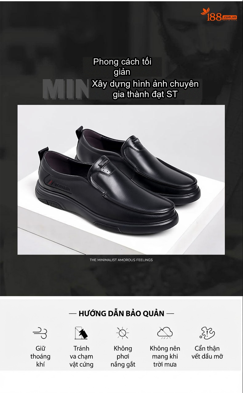 Giày Lười Nam Da Thật Công Sở Chiều Cao Đế Khoảng 3cm Màu Đen chi tiết 4
