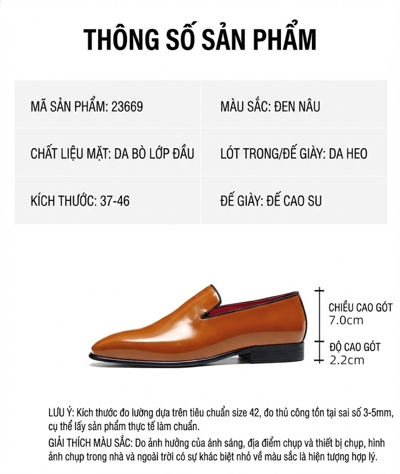 Giày Lười Nam Da Thật Da Bóng Chiều Cao Đế Khoảng 3cm Màu Nâu, Đen chi tiết 2