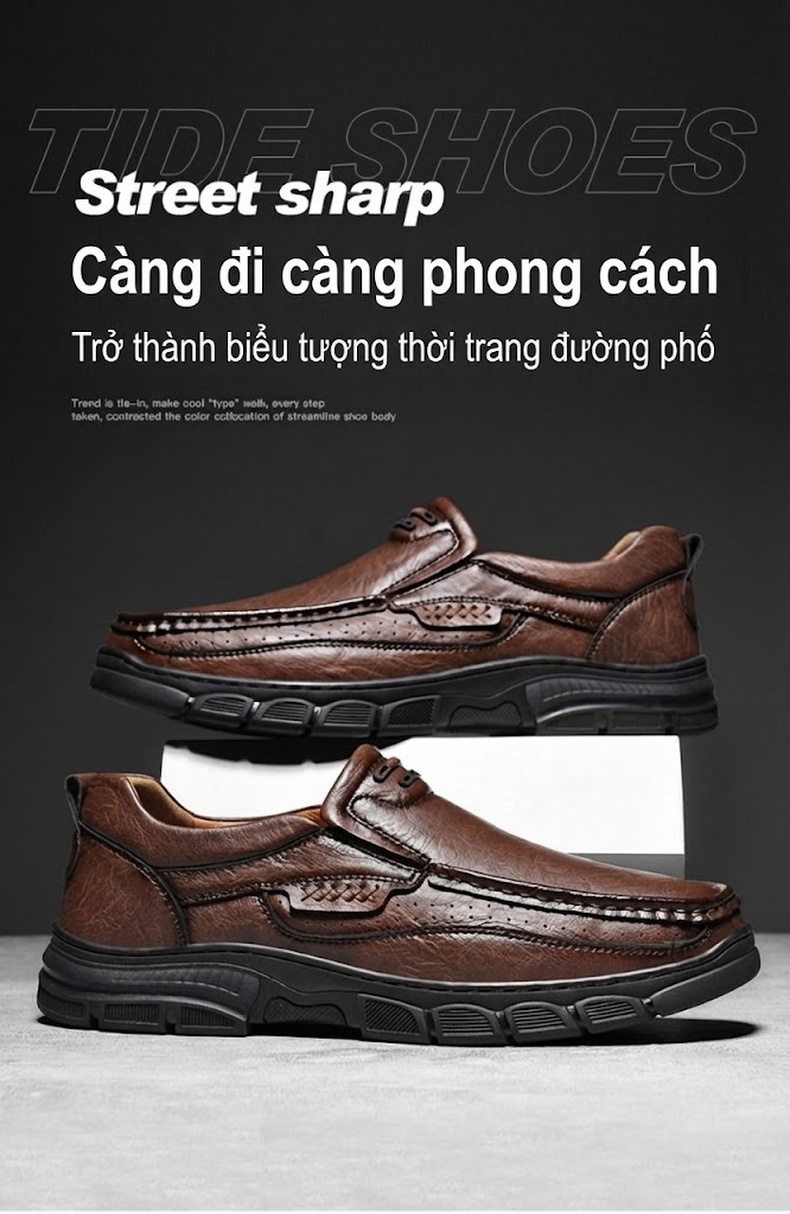 Giày Lười Nam Da Thật Đế Bệt Chiều Cao Đế Khoảng 3.5cm Màu Nâu, Đen chi tiết 1