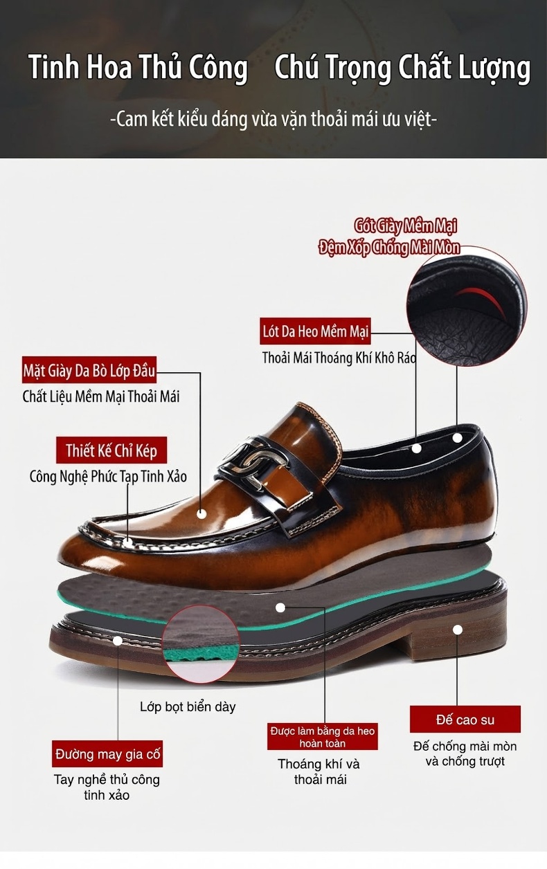 Giày Lười Nam Da Thật Đế Dày Chiều Cao Đế Khoảng 3cm Màu Nâu chi tiết 4